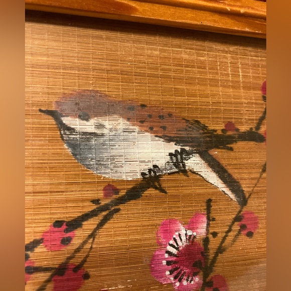 Vintage Bamboo Scroll Painted Bird with Tree Blossoms Teak Framed Wall Decor - Picture 4 of 17
